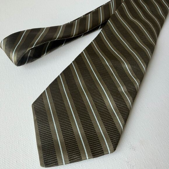 Ike Behar New York Silk Cotton Striped Tie Olive Brown Ribbed Necktie - Picture 8 of 10